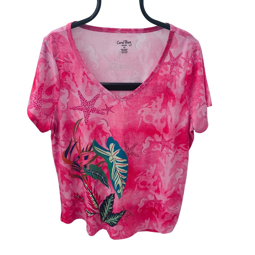 Coral Bay Plus Size 1X Top Pink Seashell Tropical V-Neck Rhinestone Shirt